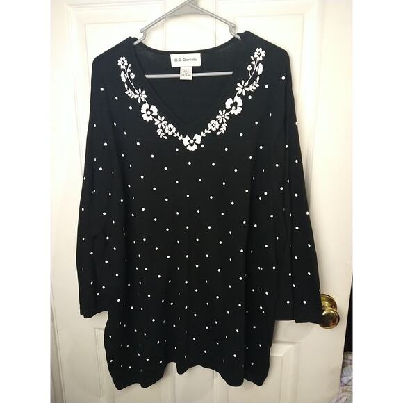 C.D Daniels Woman 2X Sweater V Neck Black White Floral Polka Dot Casual... - Picture 1 of 7